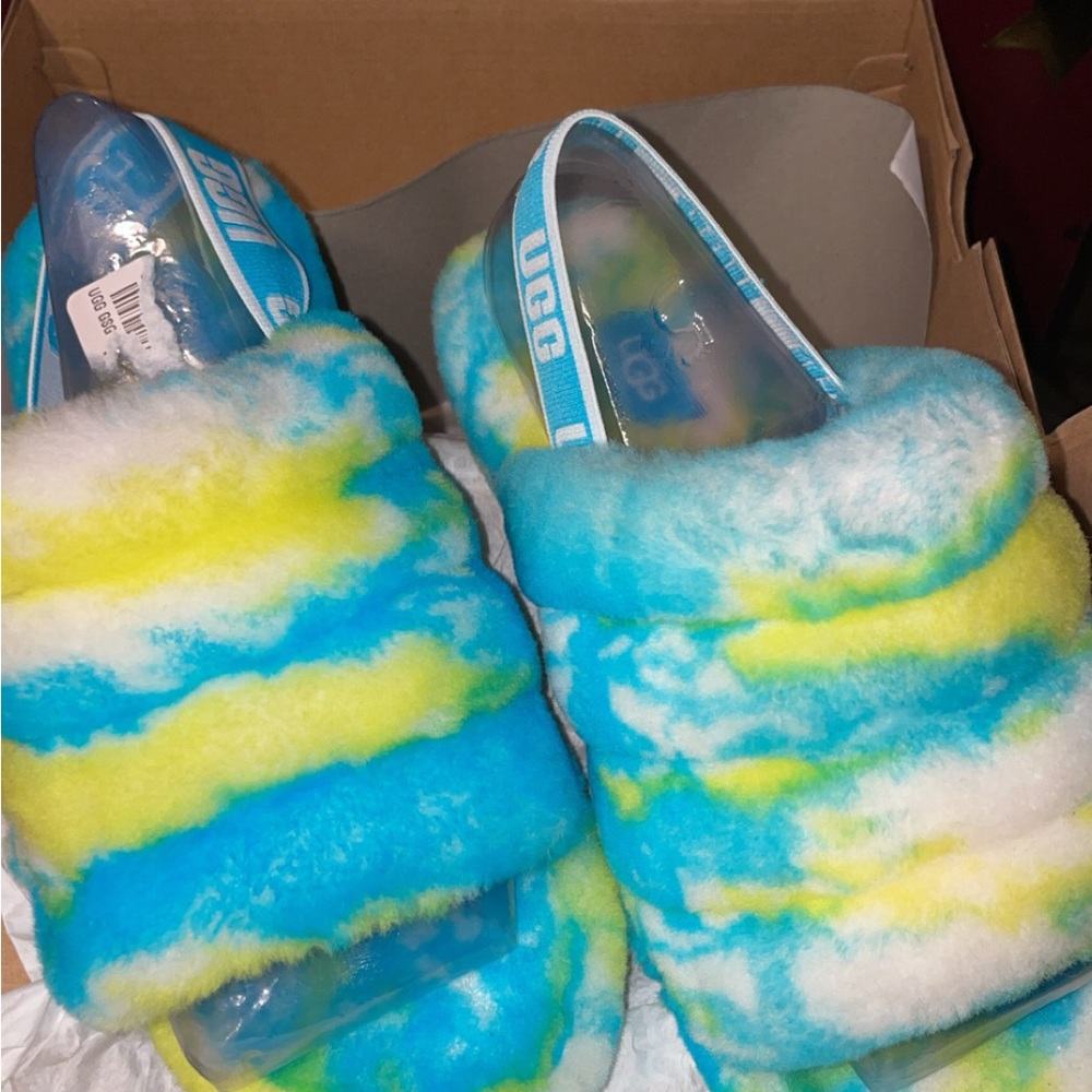 UGG Kids Fluffy Slippers - Blue and Yellow